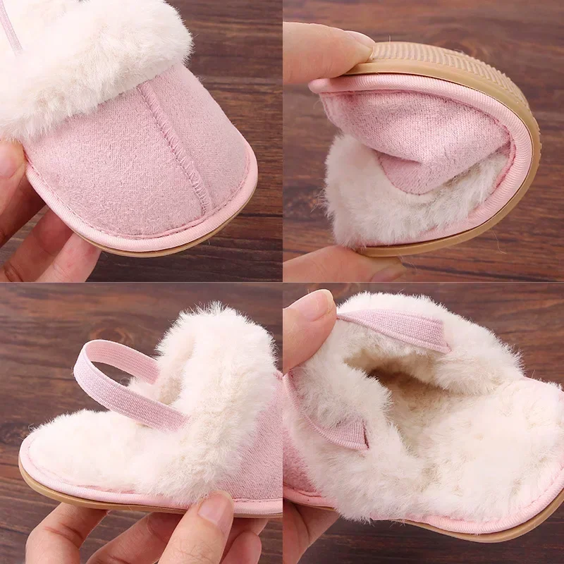 Winter Baby Slippers Fluffy Baby Boy Girl Sandals Cute Flower Embroidery Soft Non-slip Sole Toddler First Toddler Shoes