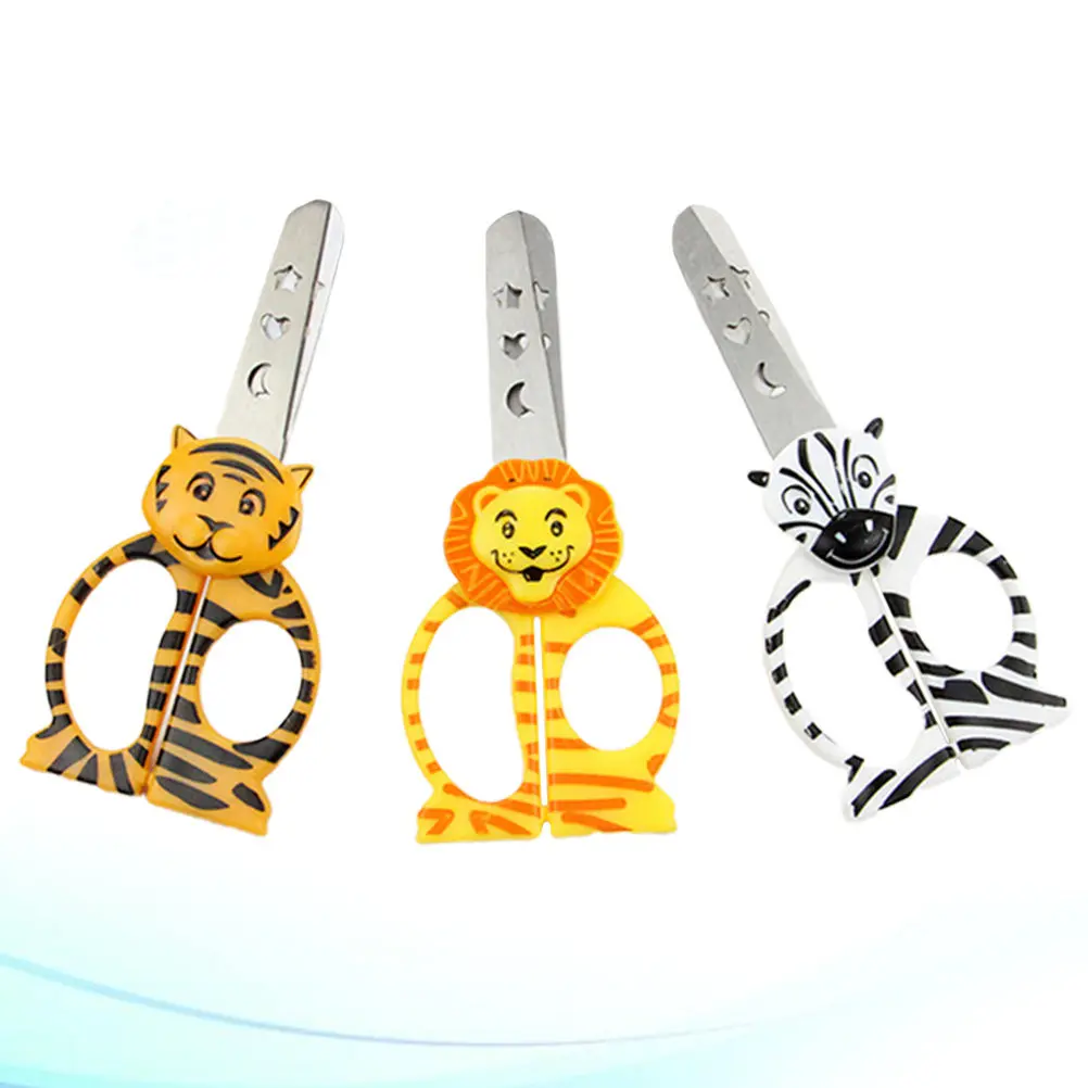 3Pcs 학생용 가위 사랑스러운 얼룩말 호랑이 사자 디자인의 가위 교실용 안전 가장자리 정밀 절단 도구