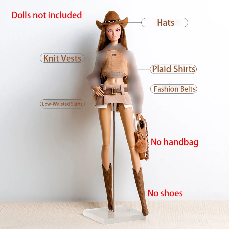 1／6ドールドールの秋冬レトロジャケットコートセットのアクセサリーとしての、黒いスタッズ付きブラウンのカウボーイハット
