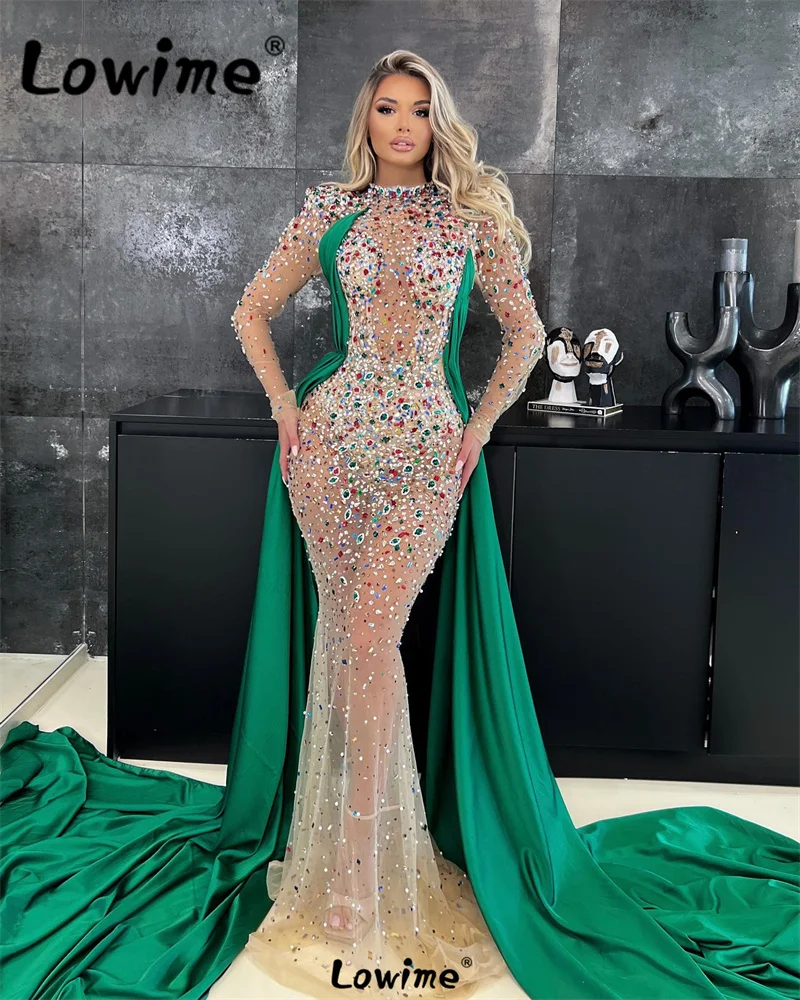 

2024 Luxury Green Long Evening Dress Party Gowns Heavy Crystals and Stones Haute Couture Mermaid See Through Celebrity Dresses