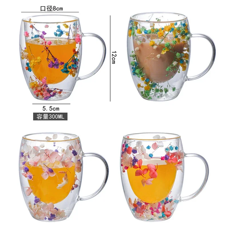 Creative Double Wall Glass Cup Real Flower Conch Flash Filler Glass Cups Hand Gifts High Borosilicate Cups with Handles