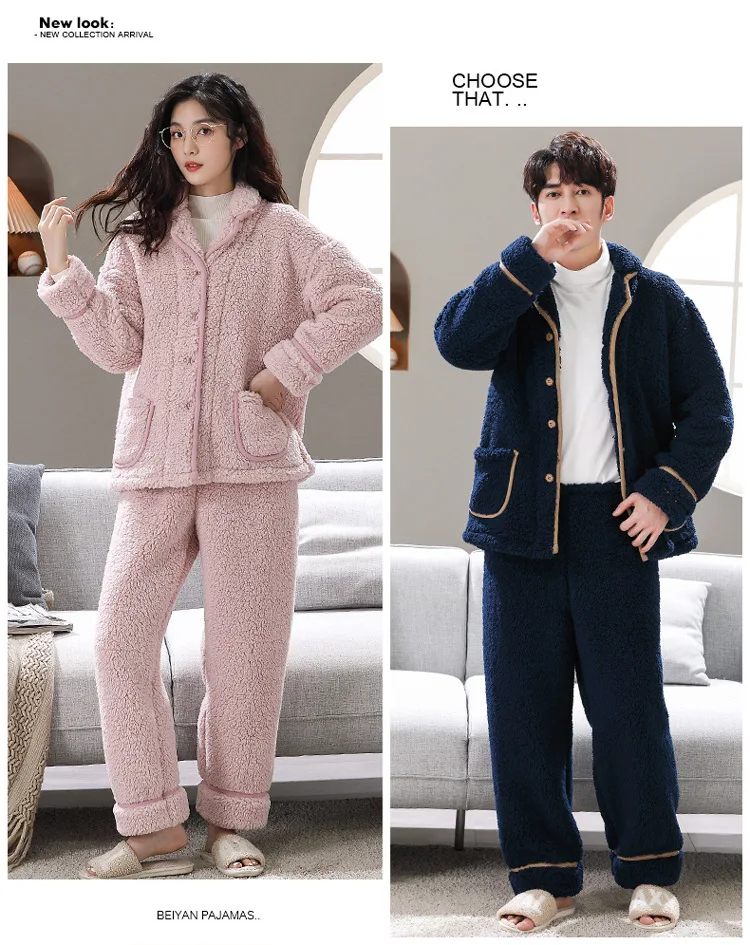 cotton pj set Winter Warm Pants Pajama 2Pcs/Set Mens Womens Cardigan Long-sleeved Thicken Lamb Velvet Pajamas Soft Nightwear for Couples organic pyjamas