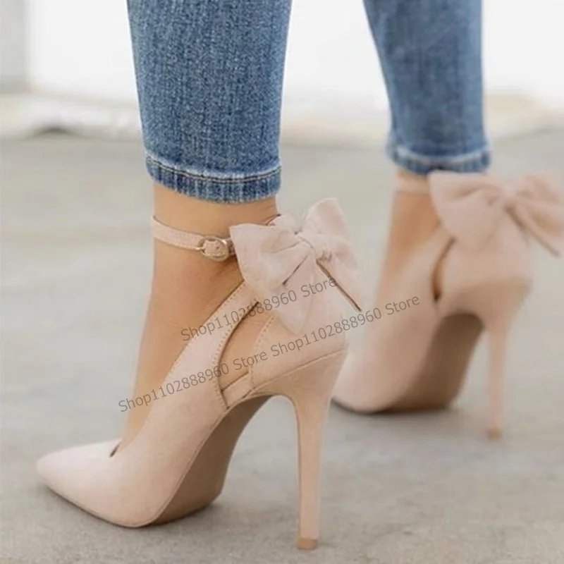 

Khaki Flock Butterfly Knot Decor Pumps Thin High Heel Women Shoes Ankle Buckle Strap Pointed Toe 2023 Zapatos Para Mujere