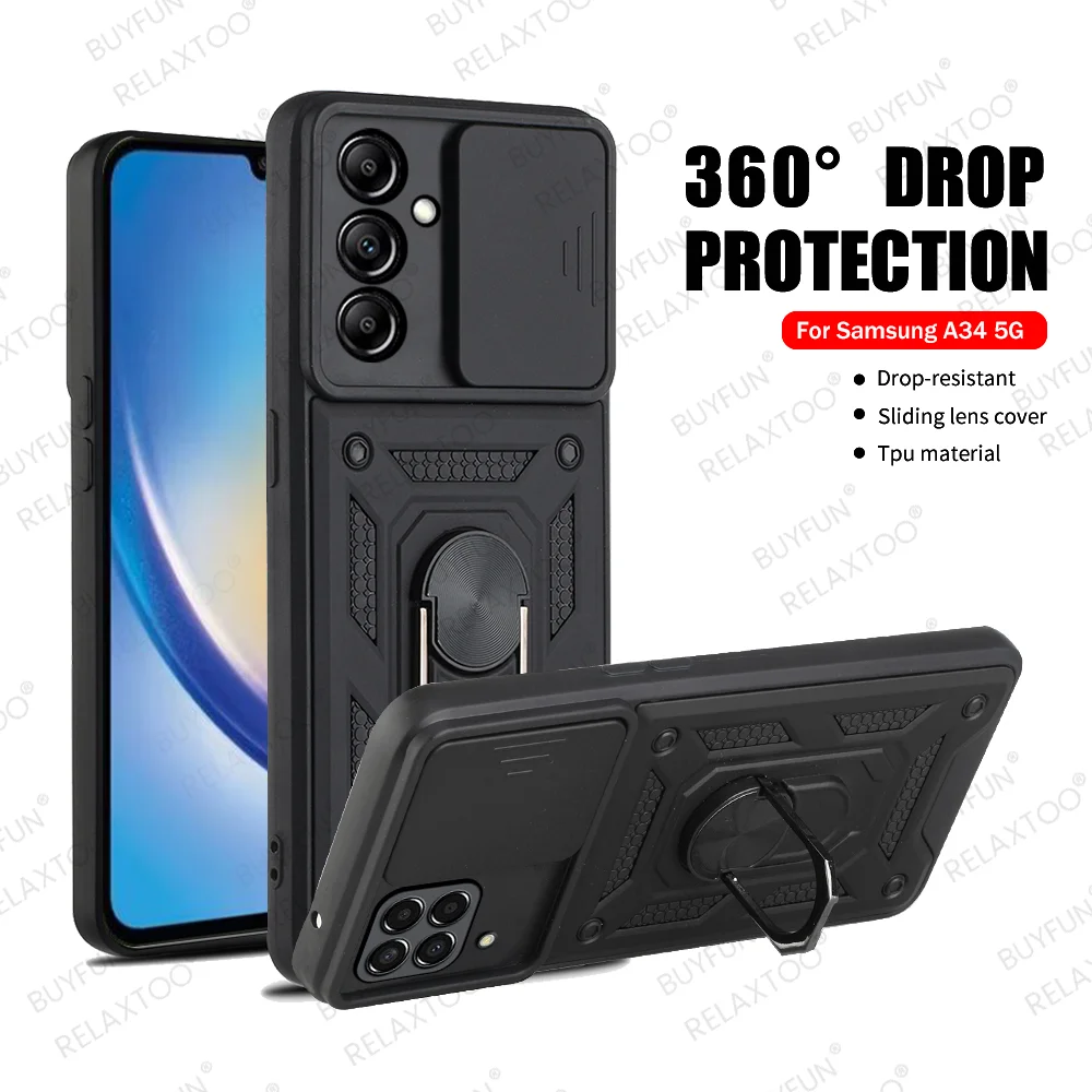 Custodia Antiurto Per Armatura Per Samsung Galaxy A34 A 34 34A 5G 2023 Sm-A346B/Ds 6.6 "Pull Push Camera Supporto Magnetico Ring Armor Cover
