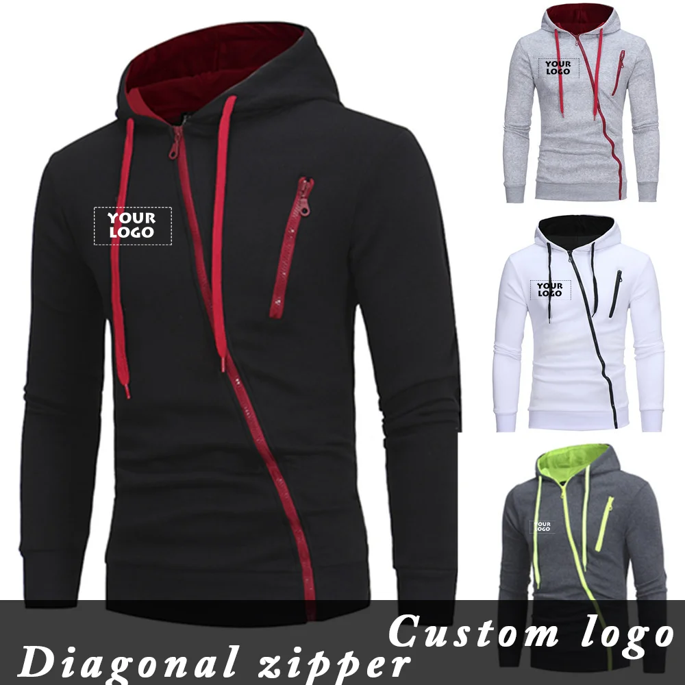 

Custom Your Logo Men's Hoodies Diagonal Zipper Long Sleeve Fleece Spring Autumn Streetwear Tops Male Casual Sports Sweatshirts