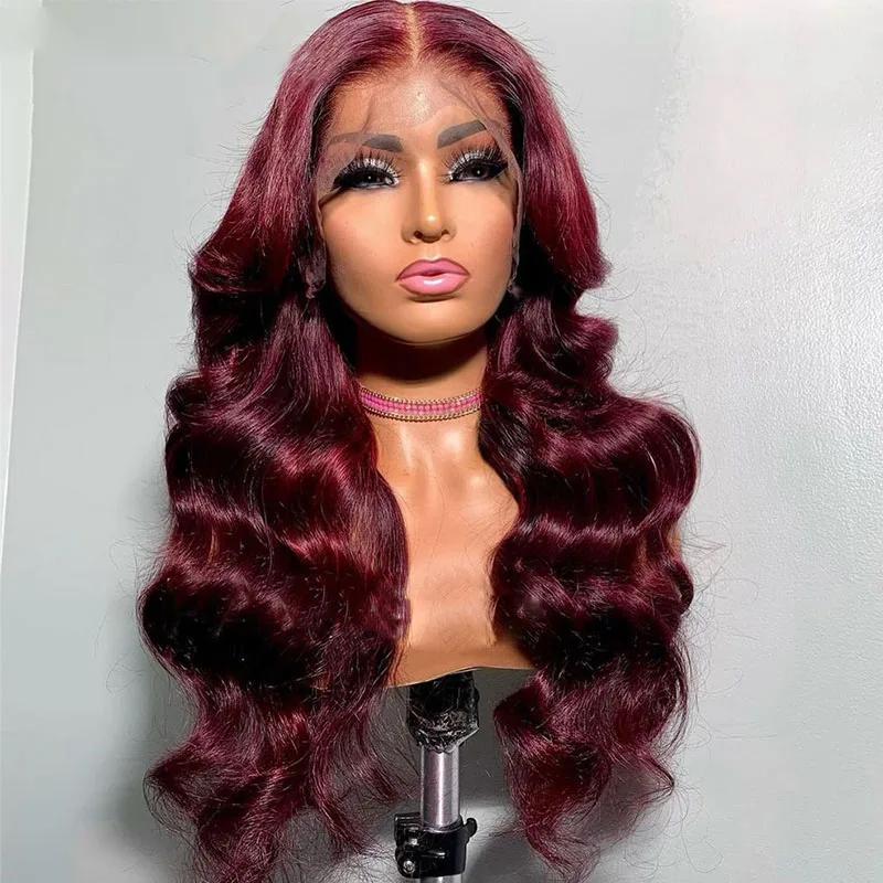 

Long 180%Density 26Inch Burgundy 99j Body Wave Natural Hairline Lace Front Wig For Black Women Babyhair Glueless Preplucked