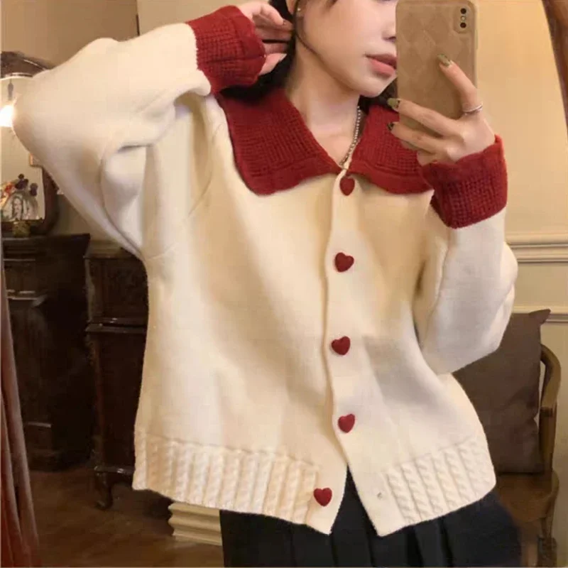 

Cardigan Women Peter Pan Collar Heart Design Lovely College Casual Young Cozy Stylish Fashion Retro Knitwear Drop Shipping