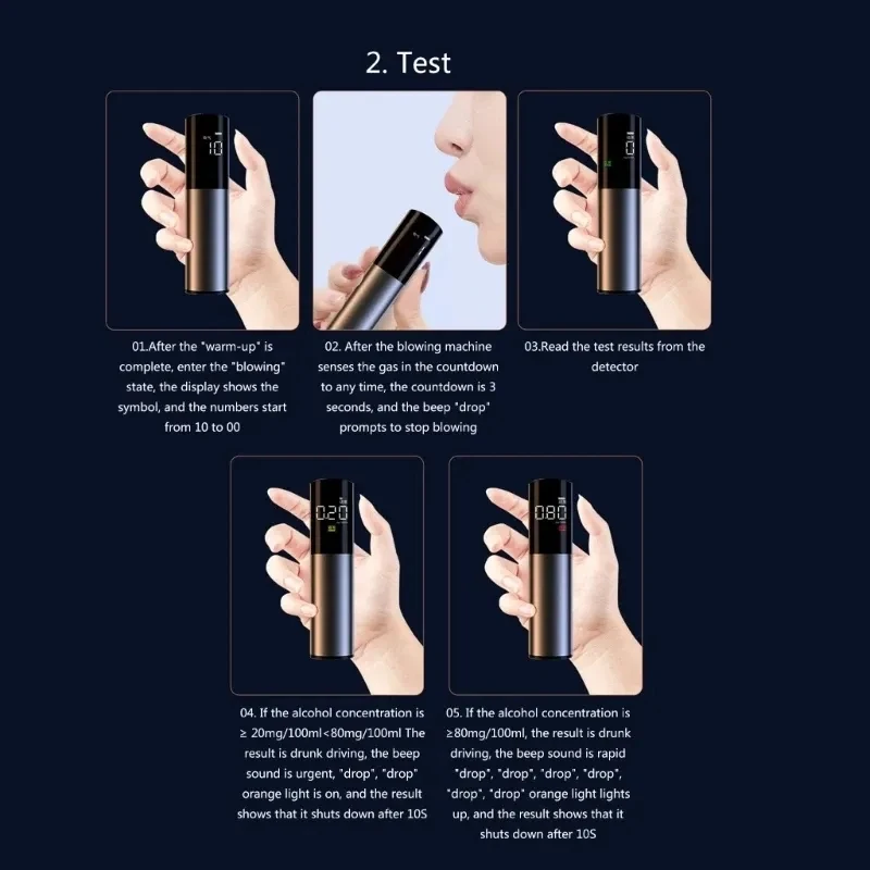 Portable Breathalyzer Tester with 3-Color Screen Display Non-Contact Breathalyzer Personal Accuracy Breath Alcohol Tester