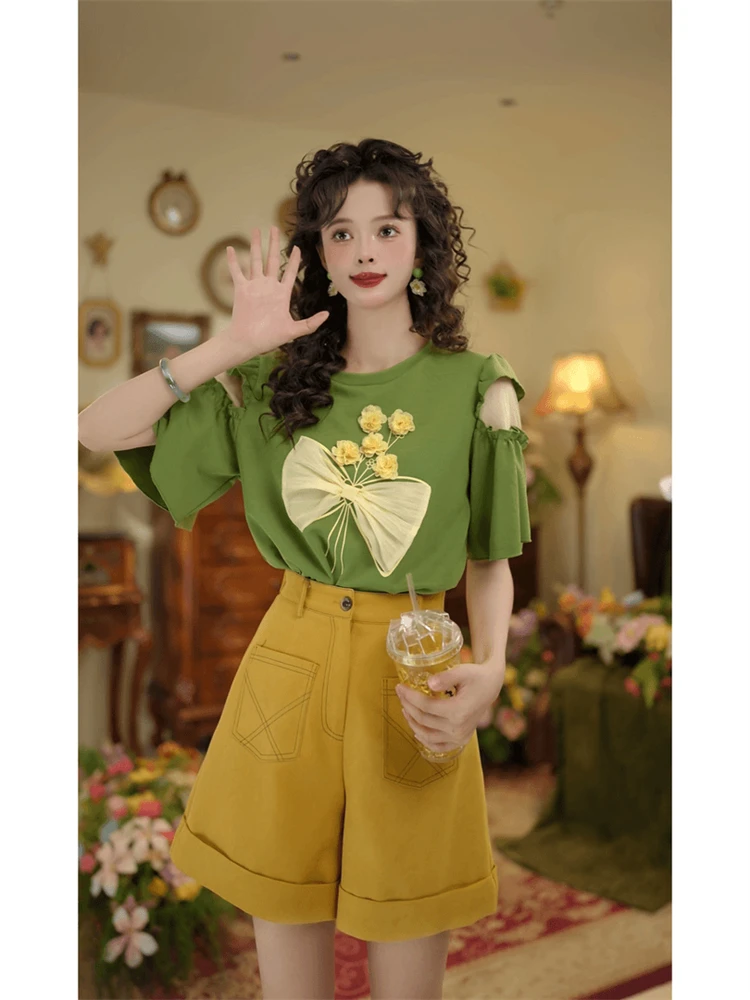 Hong Kong Sle oulder Bared Tee Dimensional Flower Women's Set Loose orts Summer Faion Two Piece Suit round Ne o...
