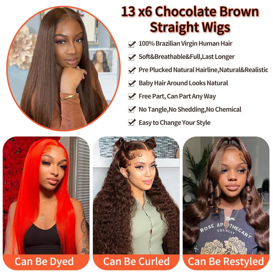 Chocolate Brown Human Hair Wigs 13X6 Hd Transparent Lace Frontal Wig Colored 13X4 Straight Lace Front Wigs For Women Pre Plucked