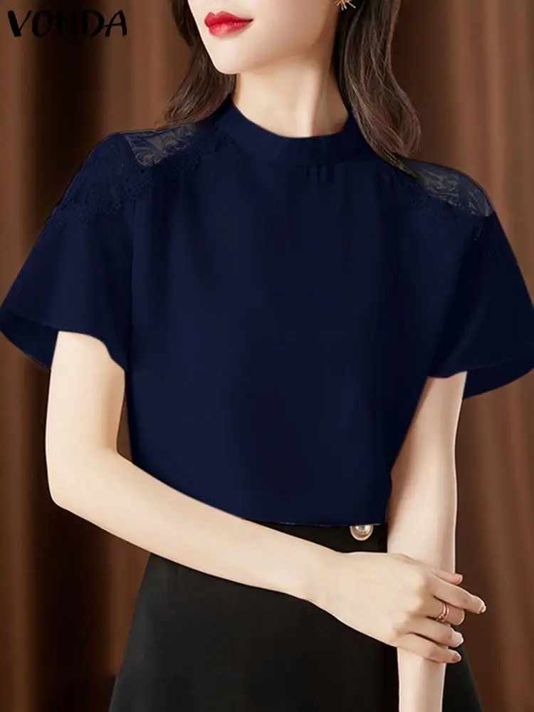 

Элегантные блузки 2024 VONDA, женские летние модные топы с воротником-стойкой, кружевные лоскутные рубашки с коротким рукавом, повседневные свободные блузки для женщин