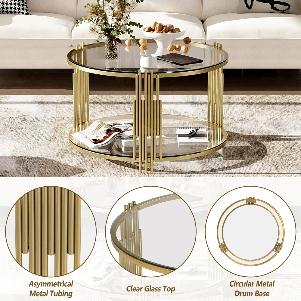 Modern Glass Coffee Table in 31.5", Asymmetrical Metal, Circular Metal Drum Base, Gold Finish & Lower Shelf 3