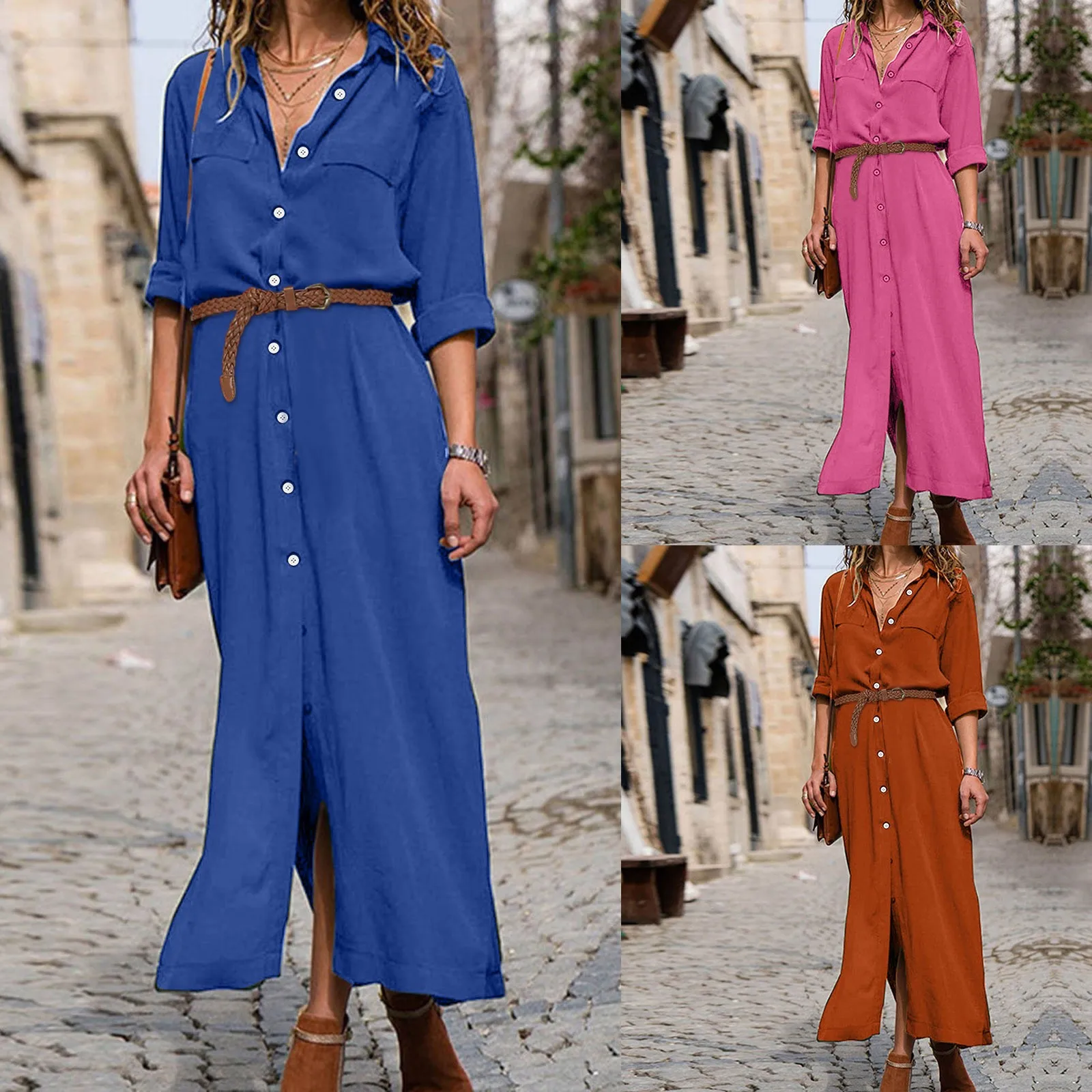

Summer Ladies Solid Button Long Shirt Dresses Fashion Womens Long Sleeve Lapel Elegant Casual Loose Dress Femme Clothing