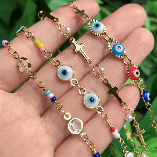 gold plated beaded choker with evil eye charms