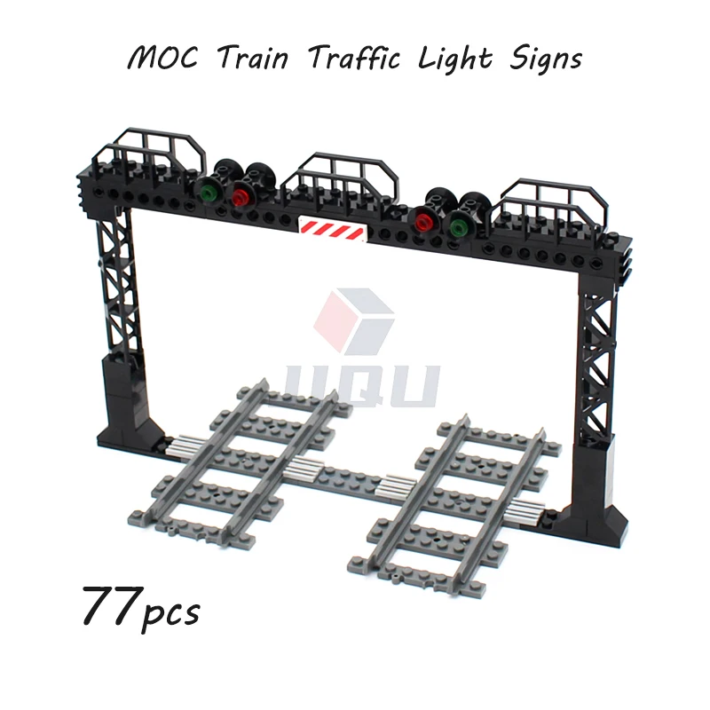 

77 Pcs MOC Train Railway Traffic Light Sign Model Set Building Blocks Compatible Track Parts 53401 City street views Bricks Toys