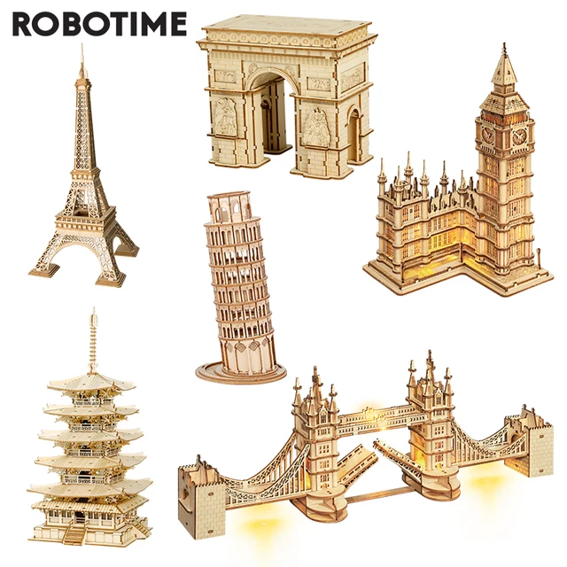 Robotime 3D Wooden Puzzle Game Big Ben Tower Bridge Pagoda Building Model Toys For Children Kids Birthday Gift 1