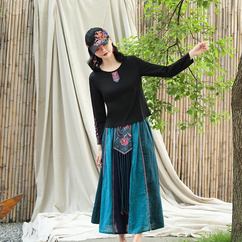 

Юбка-миди составного кроя с бахромой и эластичной талией, винтажная Женская юбка с вышивкой, новинка 2024, в этническом стиле, свободная повседневная юбка в китайском стиле Харадзюку