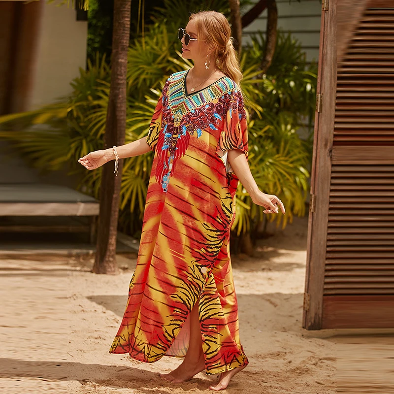 Summer Women Sexy Beach Dress V-Neck Tunic Sarong Swimwear Kaftan Robe Sundress Color Print Bikini Cover Up Oversized Maxi Dress