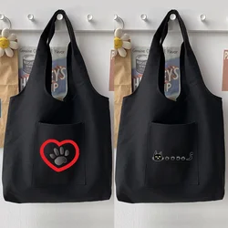 Cartoon Korean Black Shoulder Bag Shopping Woman Bag Handbag Casual Footprint Pattern Printing Large Capacity Tote Bag Commuter