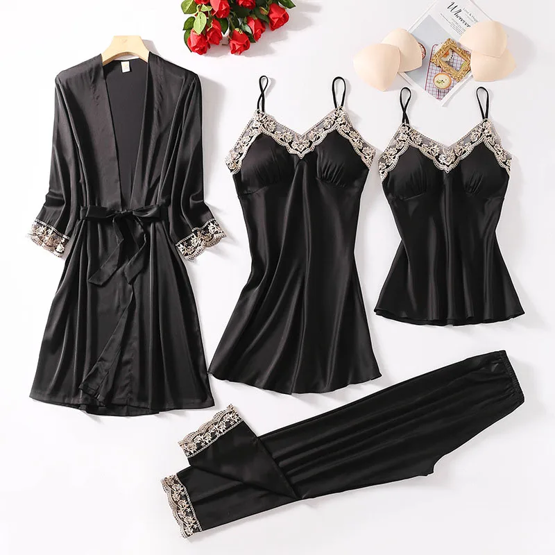 

Women 4 Pieces Satin Silk Sleep Dress Nightgown Cami Top and Pants Pajamas Set