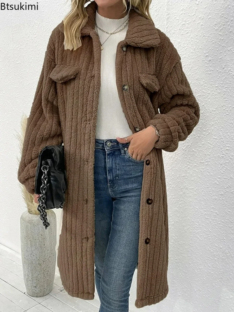 2024 Women's Thicken Warm Casual Coats Jacket Solid Autumn Winter Women Plush Jackets Fashion Lapel Single Breasted Outerwear