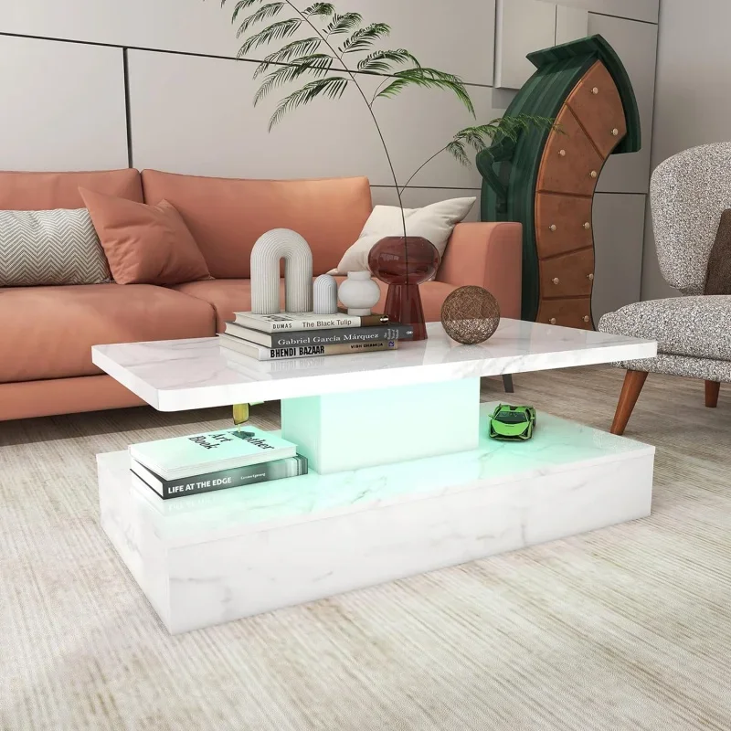 

LED Coffee Table Marble with High Gloss Surface, Modern White , Remote Con