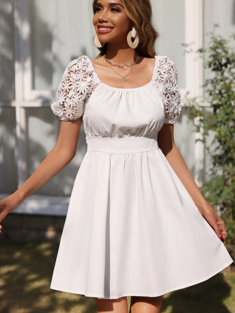 

Summer White Puff Sleeve Cutout Flower Dress Sexy Backless Bow Square Neck High Waist Bandage Dresses Vestidos Party Dress