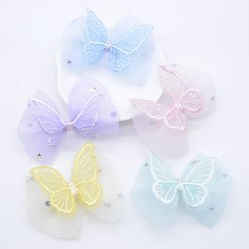 10 Stücke 60*50mm Doppel Schmetterling mit Mesh Fliege Applikationen für DIY Kleidung Hut Nähen Patches Kopfbedeckung Haarspangen Zubehör