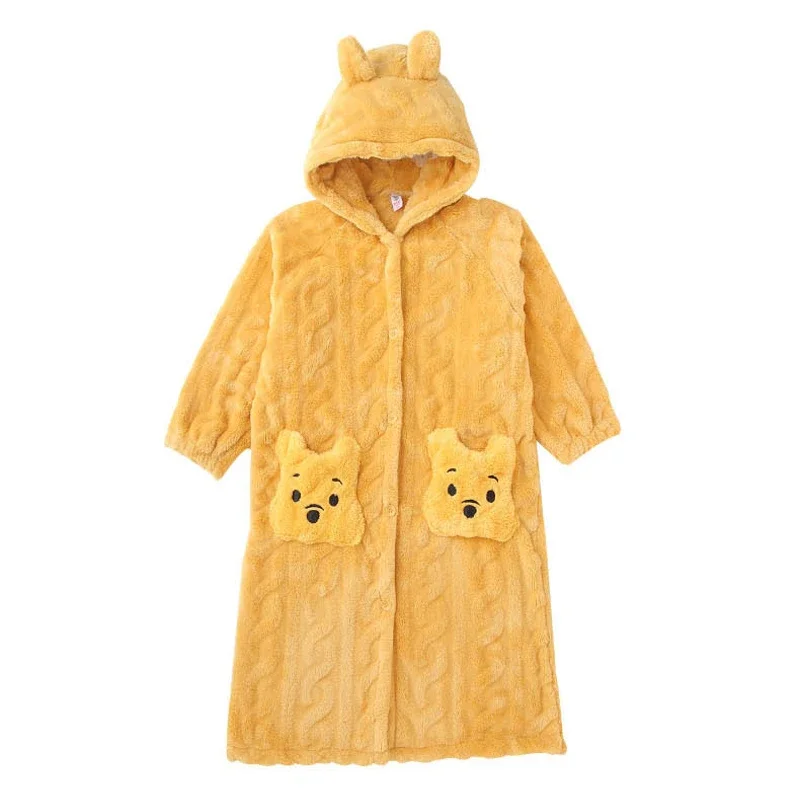 New Winter Sleepwear for Kids Fashion Children Flannel Warm Bathrobe Yellow Cartoon Bear Bath Robe Teenage Hooded Long Homewear