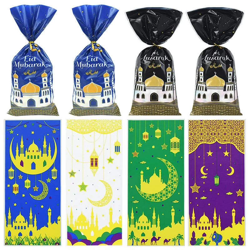 Подарочные пакеты Eid Mubarak, пакеты в виде замка для конфет, печенья, Рамадан, декоративные пластиковые полиэтиленовые пакеты, хлопковые мусульманские принадлежности для вечерние, 50/25 шт.