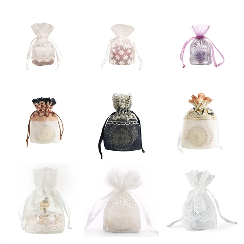 

50pcs Slub Yarn Bags Organza Sheer Gauze Lace Edge Jewelry Bags Packing Drawable Organza Bags Wedding Christmas Organza Gift Bag