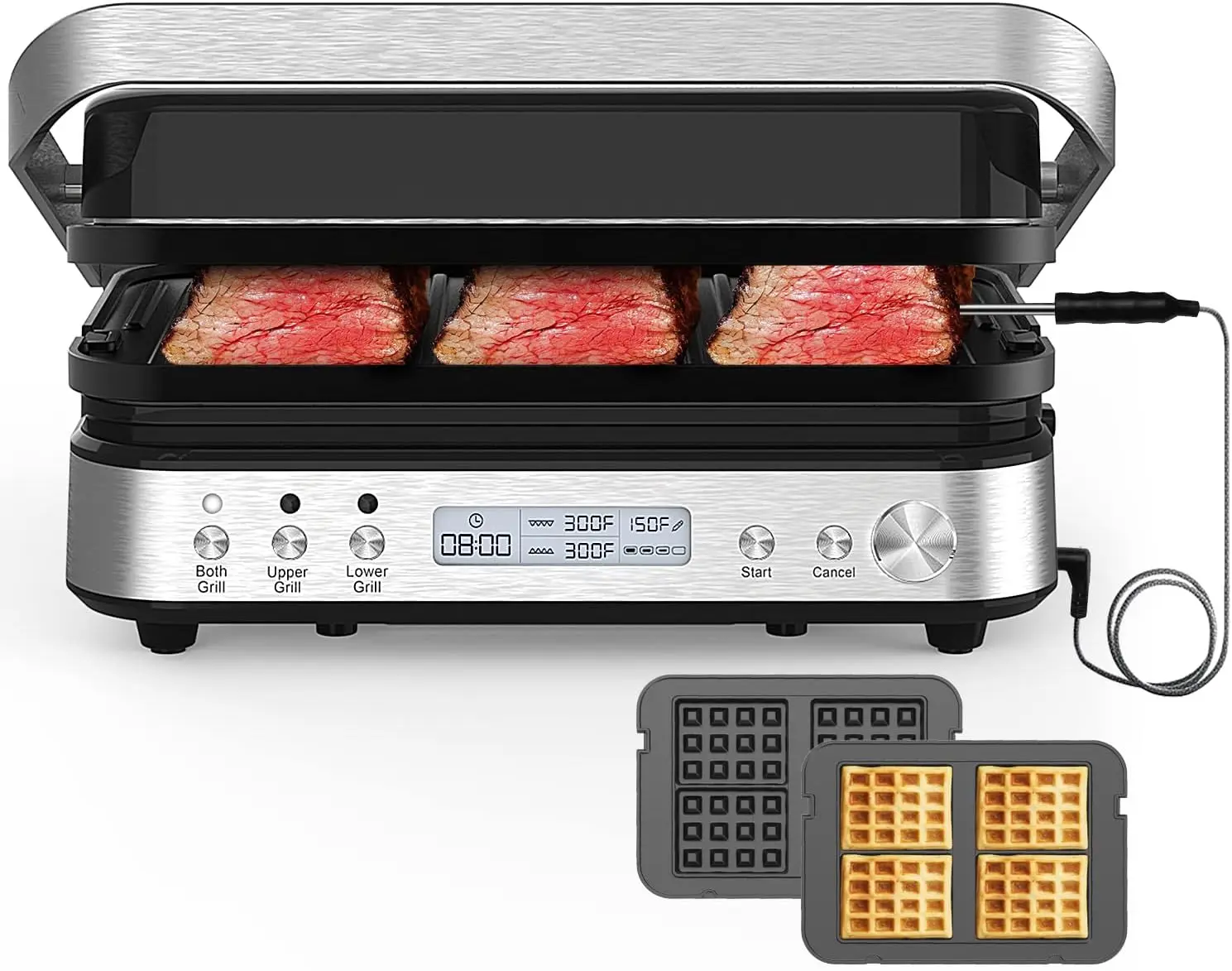 6 in 1 Indoor Grill with Waffle Plates, Panini Press Grill Sandwich Maker, CATTLEMAN CUISINE Electric Contact Grill and Griddle biolomix 2000w electric contact grill digital griddle and panini press optional waffle maker plates opens 180 degree barbecue