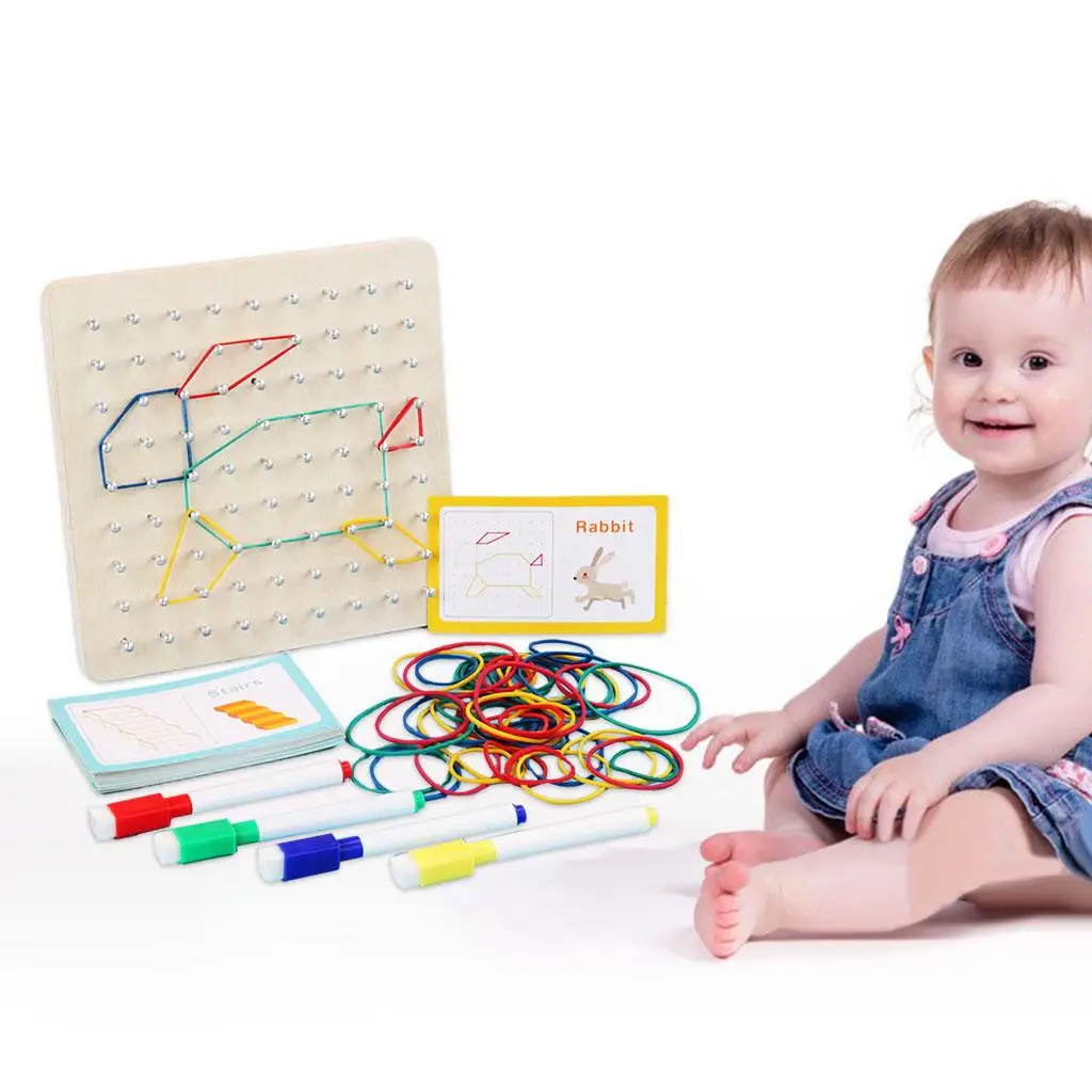

Montessori Graphic Nail Board Geometry Shape Brain Teaser Toy Wooden Geoboard Mathematical Manipulative Rubber Bands for Kids