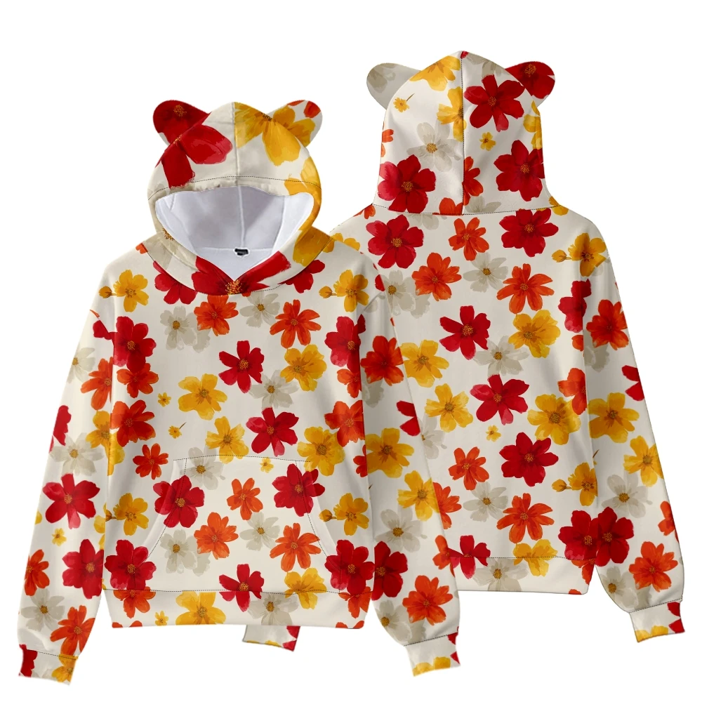 Hibiskus-Druck-Hoodie mit Bärenohren, Damen-Herbst-Winter-Sweatshirt, passende Familienkleidung, lustige Streetwear, lässige Oberbekleidung – Detail 5