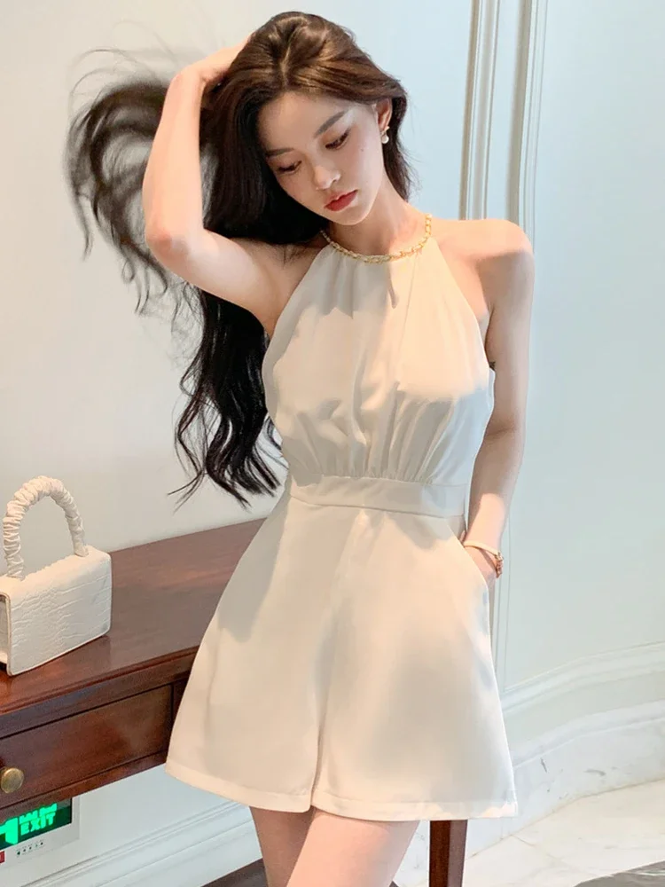 

NMZM Fashion Summer White Short jumpsuit Women's Clothing Elegant and Sexy Straps Sleeveless Women's Sports Shirt High Waist Sli