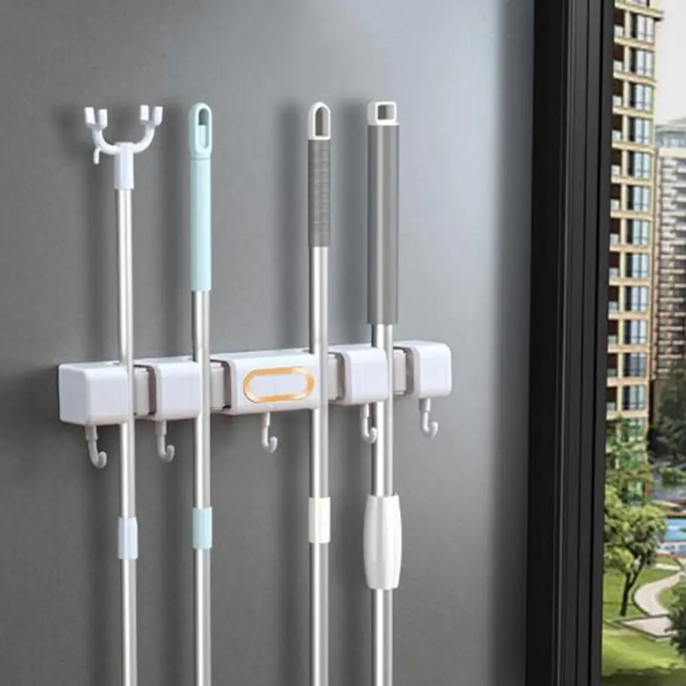 Plastic Wall-Mounted Mop Holder Self-Adhesive Waterproof Broom Mop Holder Space Saving Punch-Free Broom Storage Rack Bathroom