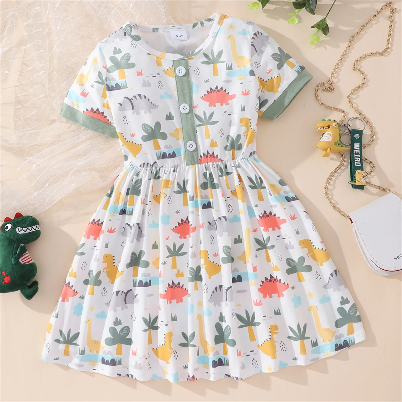 

3-8Y Kids Dresses For Girls Short Sleeve Dinosaur Printed Cartoon Dress Lovely Party Children Clothing Girls Summer Dresses