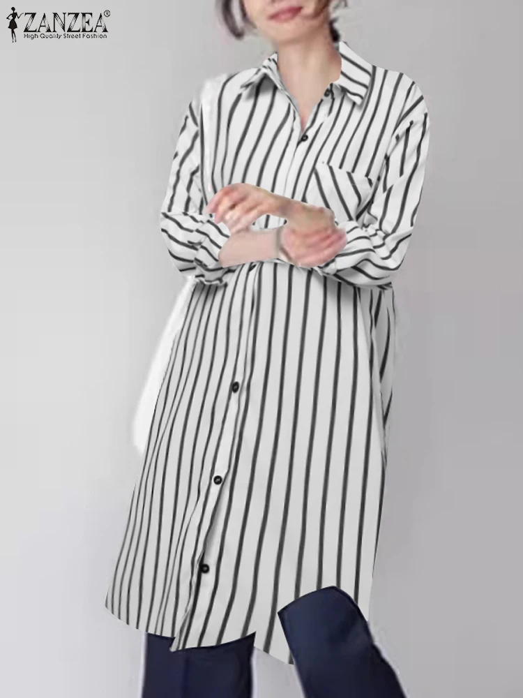 

ZANZEA Casual Loose Long Shirt Women Long Sleeve Blouse Vintage Fashion2023 Autumn Stripe Print Pocket Tops Lapel Collar Tunics