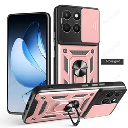 Slide Camera Cover with Armor Ring Stand Holder and Protective Case for Honor X6A 4G (Rose Gold)