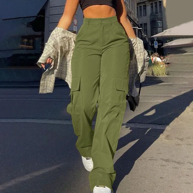 Ladies' Street Fashion Multi Pocket Cargo Pants Summer Solid Color Straight Leg Pants High Waist Slimming Loose Fit Cargo Pants 3