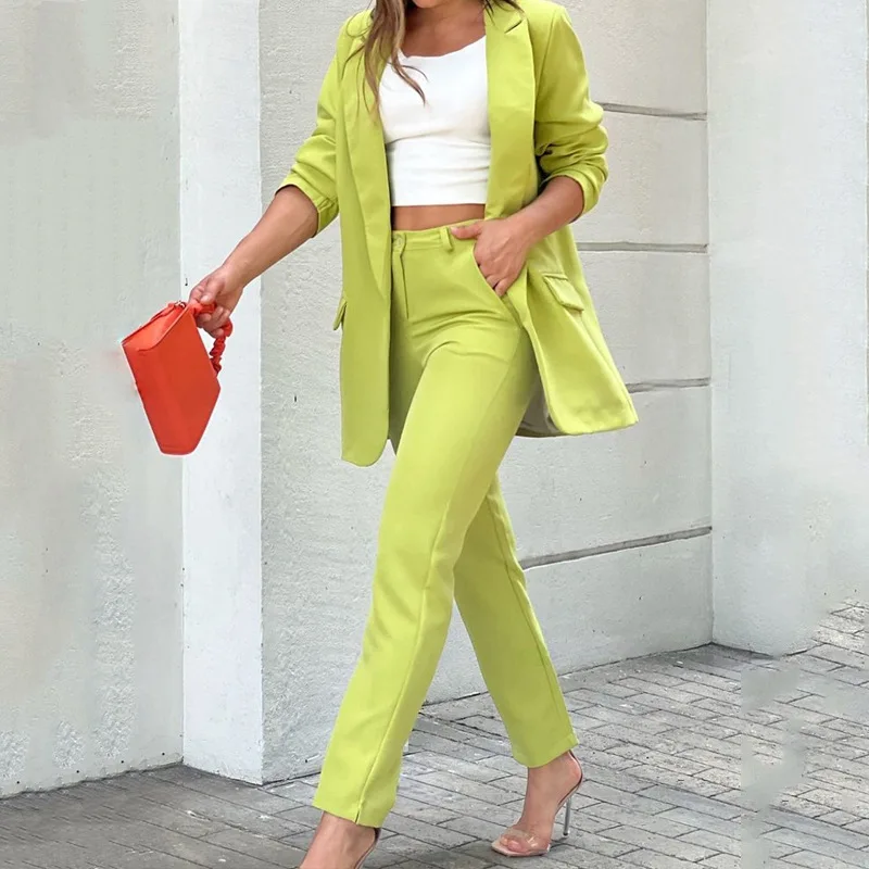 

2023 Spring Women's New Pants Set Fashion Solid Color Long-sleeved Suit Jacket Straight Pants 2 Sets
