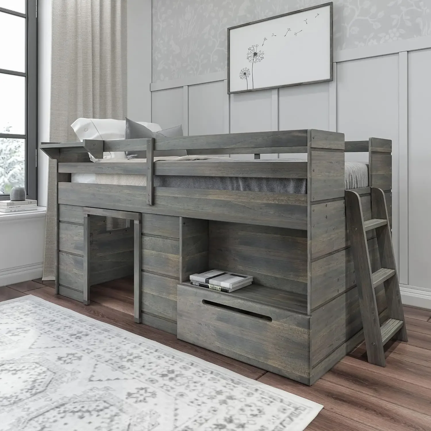 Loft Bed Twin Size, Solid Wood Low Loft Bed with Storage Drawer and Ladder, Modern Farmhouse Loft Bed for Kids