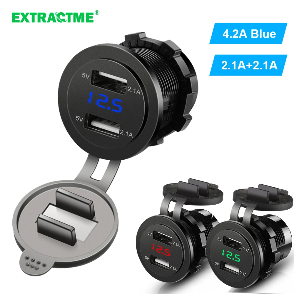 Extractme encendedor de cigarrillos de coche 4.2A, cargador de coche, enchufe USB Dual, enchufe de alimentación 12V 24V, voltímetro LED, adaptador divisor automático de Moto| | -