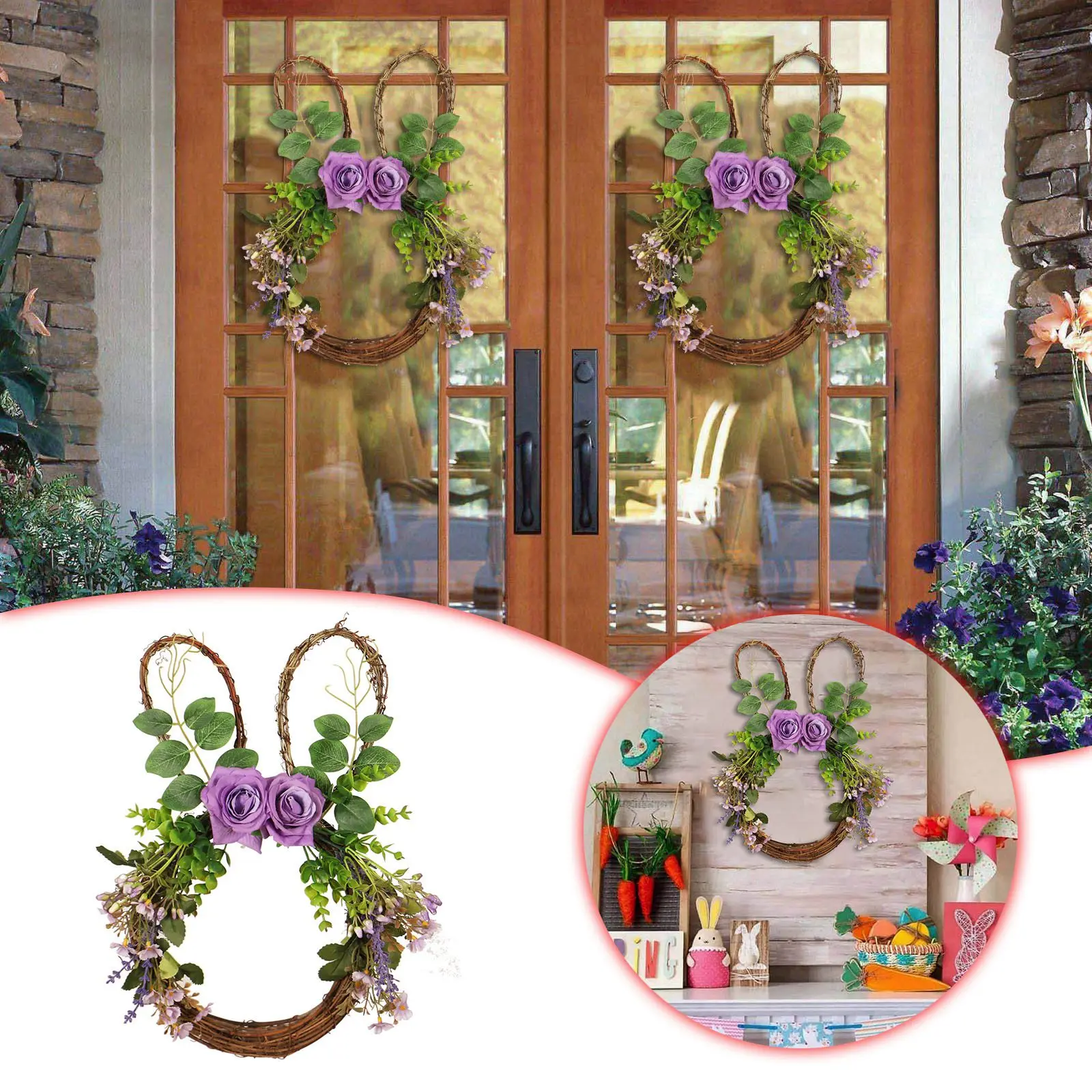 

Пасхальный кролик, ротанговая гирлянда, фиолетовая Роза, украшение для двери, Висячие розы, украшения для дома