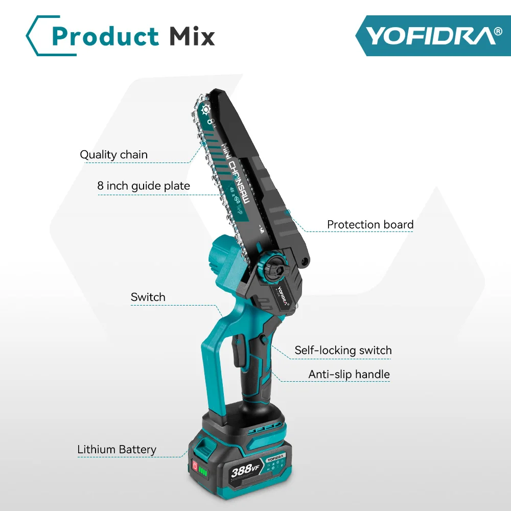 YOFIDRA Brushless 8 Inch Electric Chainsaw Cordless Rechargeable Woodworking Garden Pruning Saw Tool for Makita 18V Battery 5