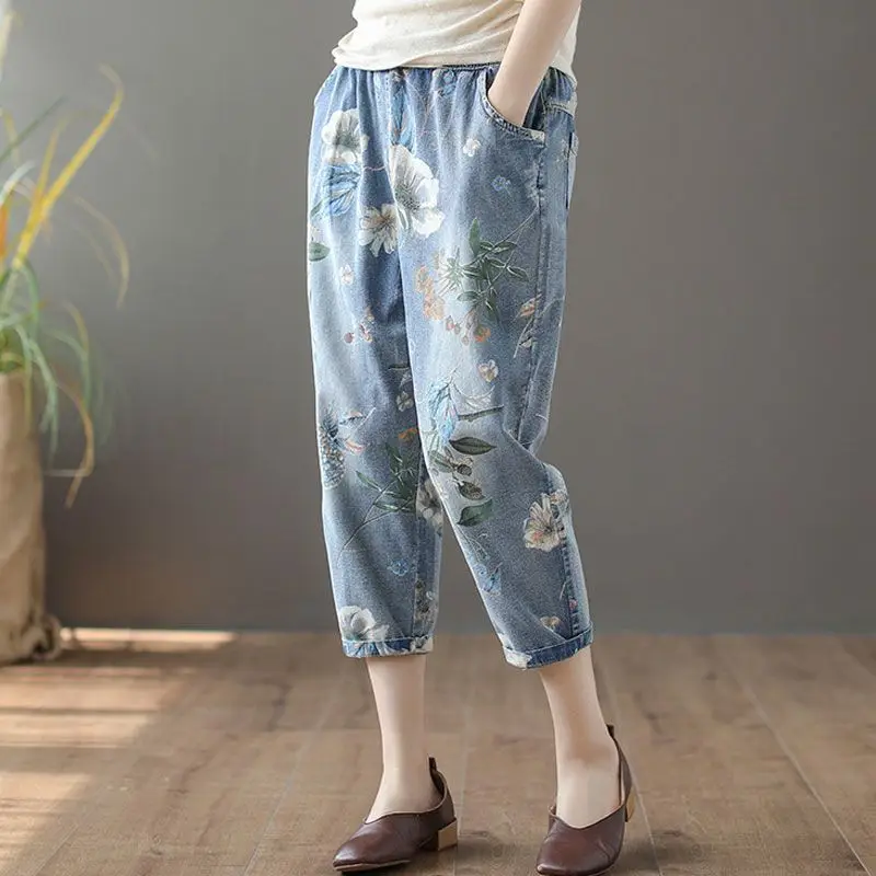 Vintage Fashion Floral Loose Oversized High Waist Straight Women's Clothing Elastic Spliced Pocket 2023 Summer New Cropped Jeans