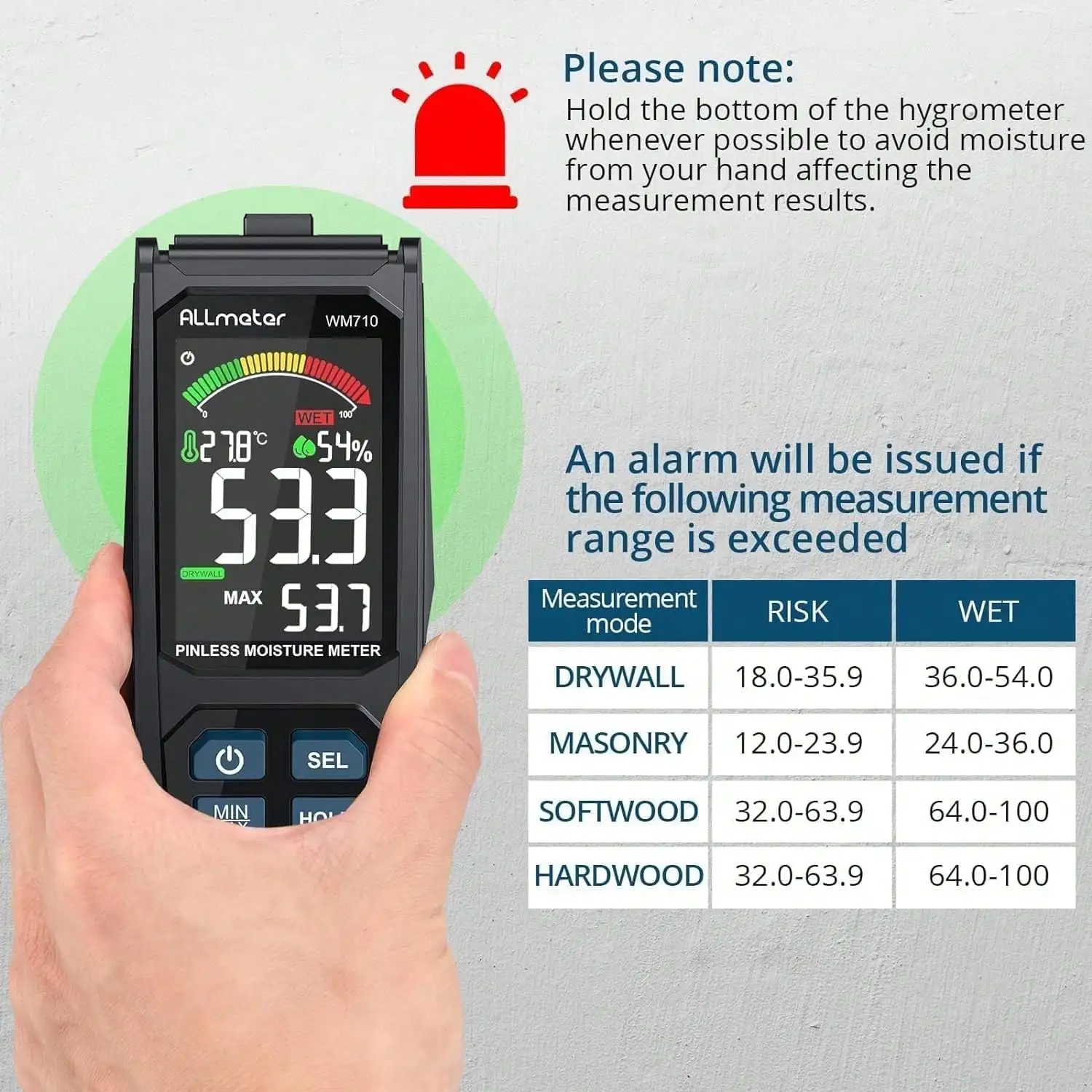 20mm Analysis Depth Wood Moisture Meter Color Display Alarm Function Walls Wood Masonry Plaster Building Materials