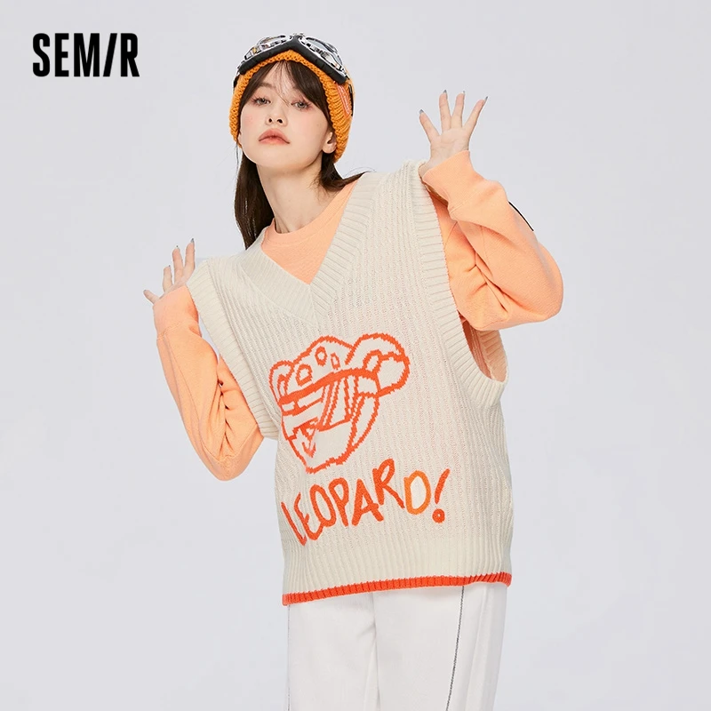 

Semir V-Neck Vest Women Contrast Color Outside 2022 Winter New Jacquard Embroidery Loose Girls' Tops Sweet And Cool