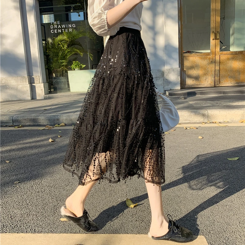 Fresh Women Tassel Mesh Fashion Elegance A-line Skirts High Waist Tulle Heavy Industry Wheat Ear Sequin Female Midi Long Skirt