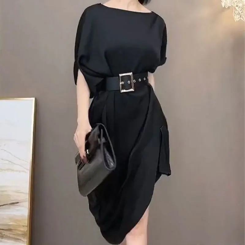 

Elegant Asymmetrical Loose Midi Dress Summer Stylish Irregular Women's Clothing A-Line Sashes Casual Printed Round Neck Dresses